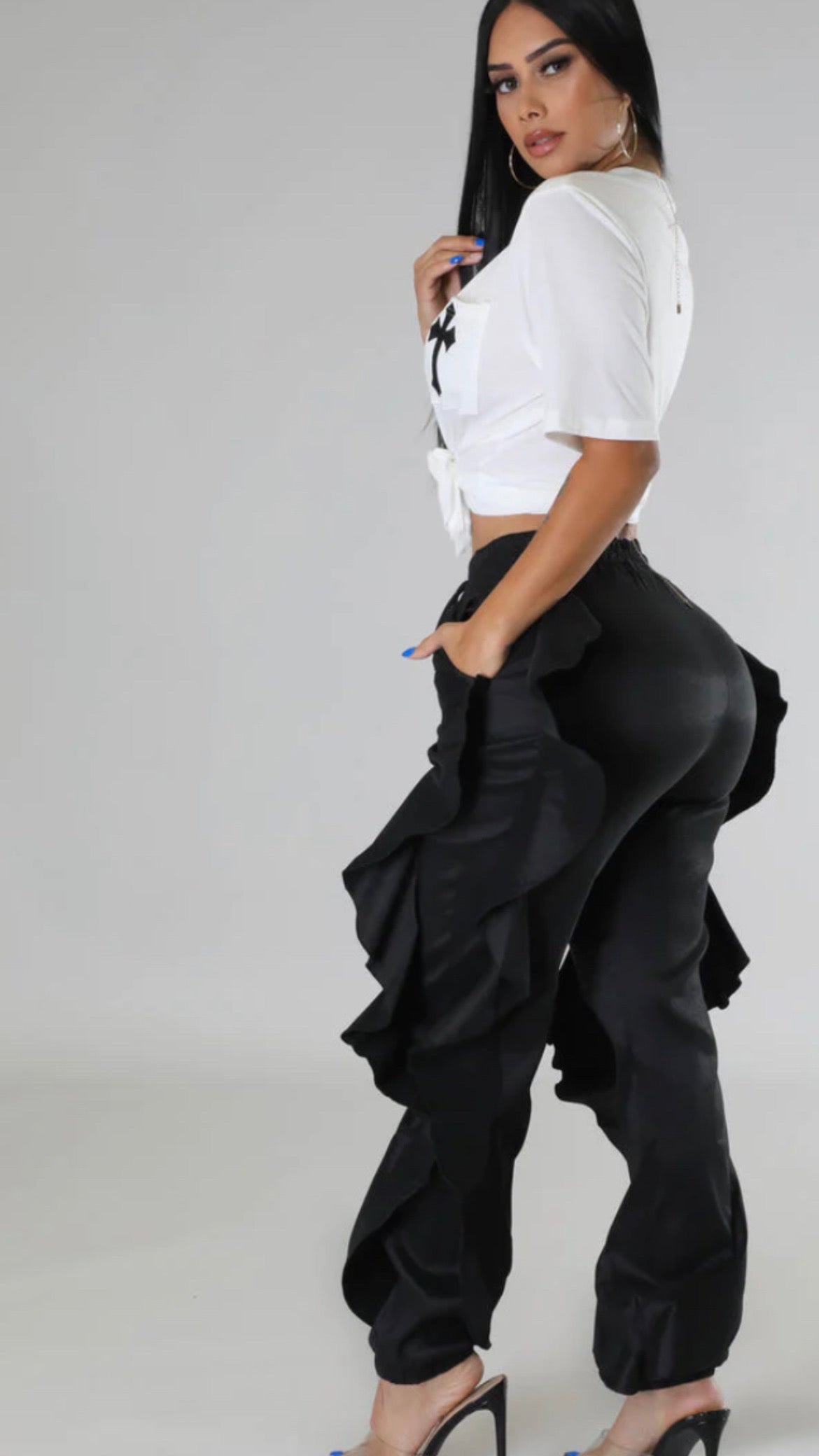 Black Ruffle Side Drawstring Joggers