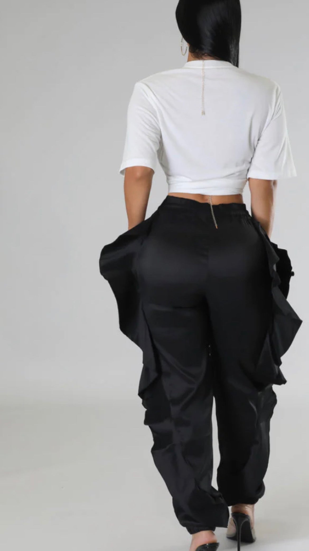 Black Ruffle Side Drawstring Joggers