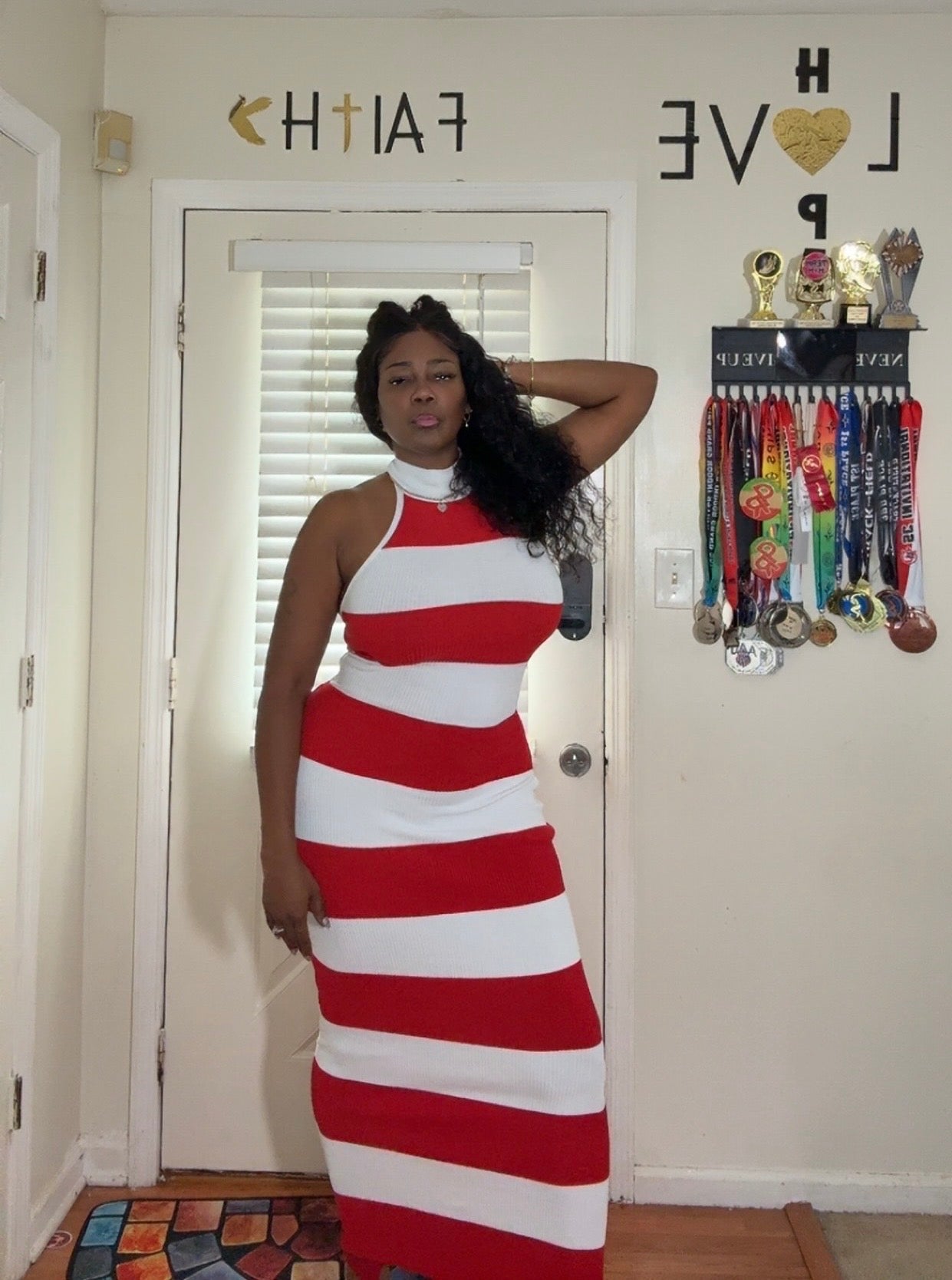 BIG STRIPE RED LACE UP DRESS