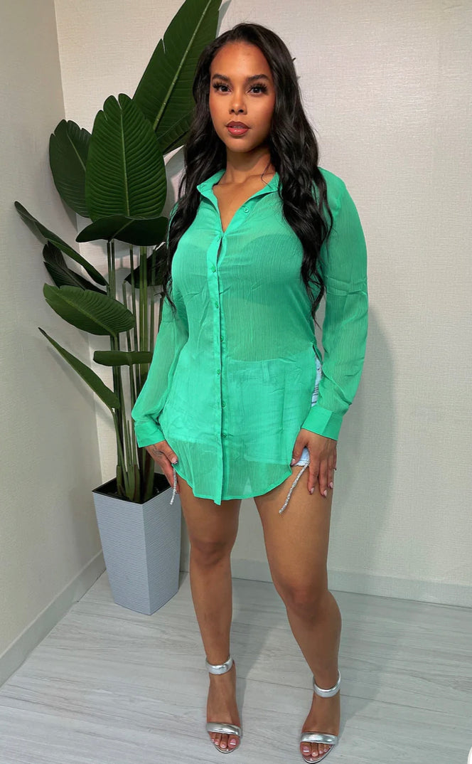Kelly Green Chiffon Button Down Shirt