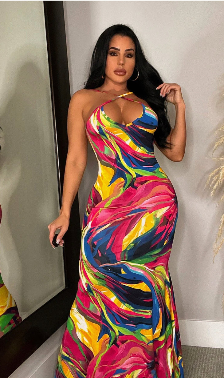 Cross Back Sleeveless Maxi Dress - Fuchsia Multi