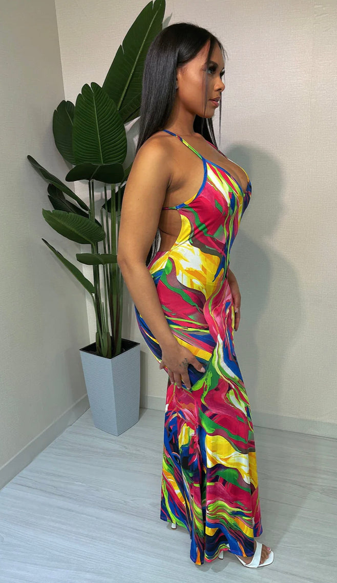 Cross Back Sleeveless Maxi Dress - Fuchsia Multi