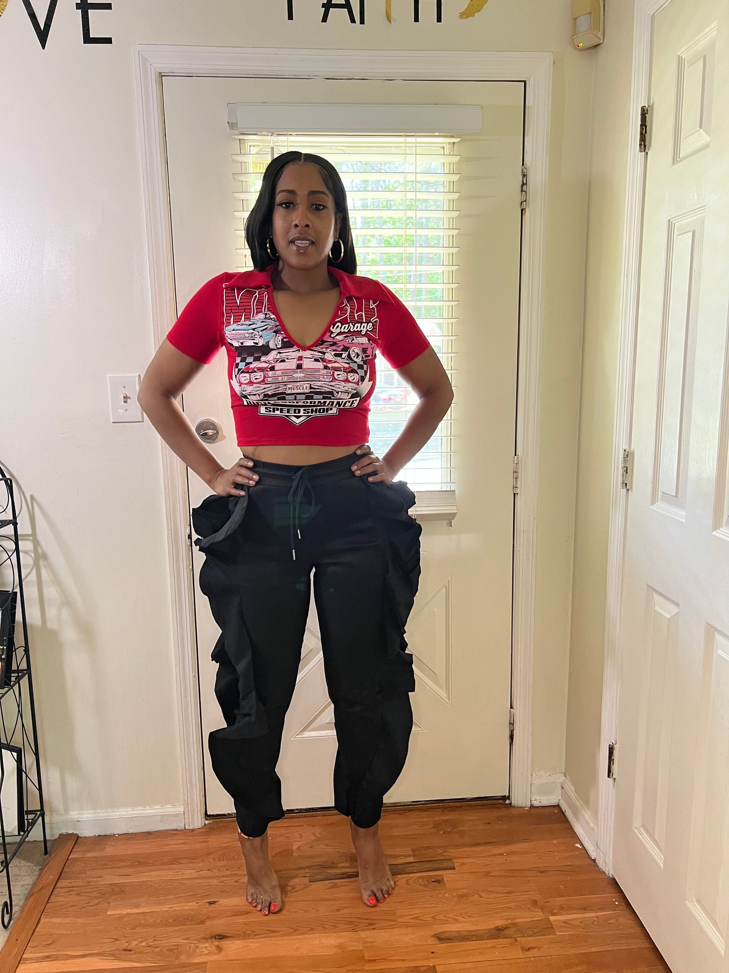 Black Ruffle Side Drawstring Joggers