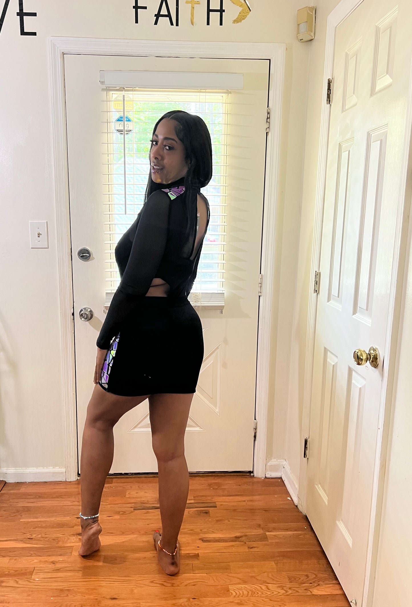 Hologram Patch Mesh Bodysuit & Velvet Skirt - Black