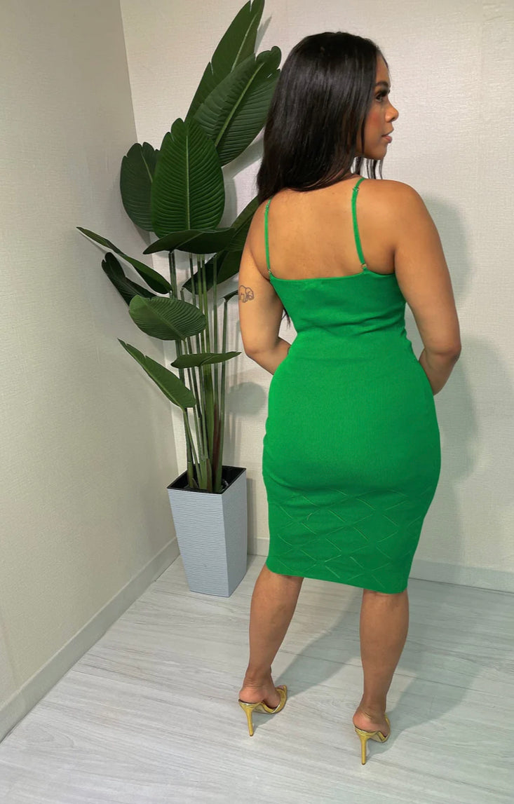 Solid Spaghetti Strap Ribbed Dress - Green