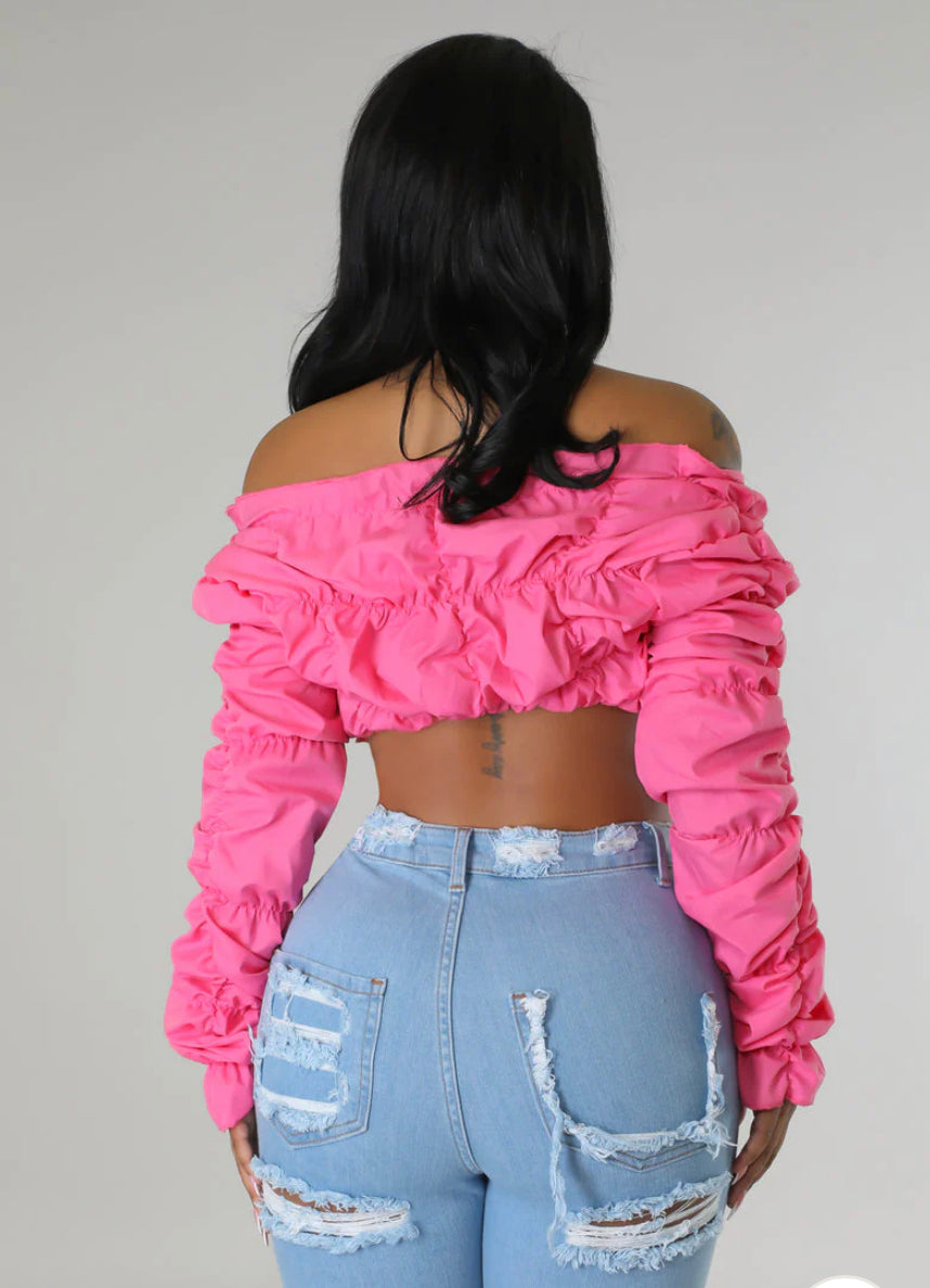 Solid Long Sleeve Ruched Crop Top