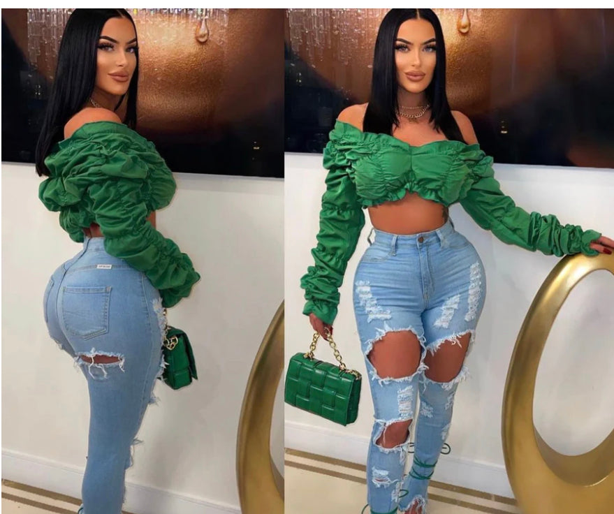Solid Long Sleeve Ruched Crop Top