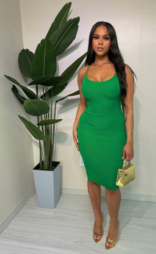 Solid Spaghetti Strap Ribbed Dress - Green