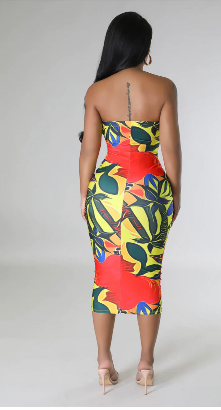 Print Pattern Midi Dress - Yellow Red Blue Trop