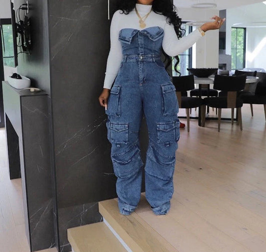 Kendall Denim Oversized Cargo Jumpsuit